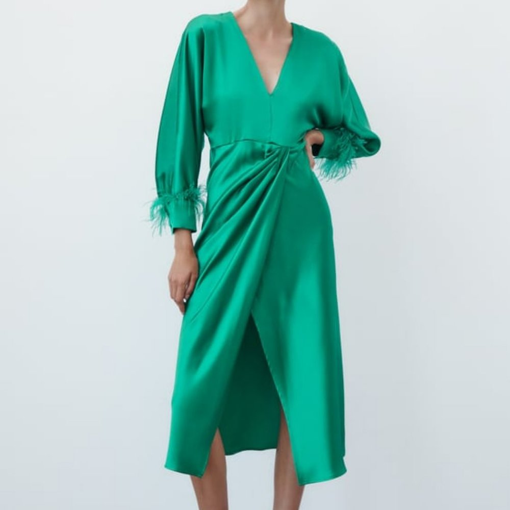 Zara Green FEATHERED SATIN EFFECT MIDI DRESS XL, XXL